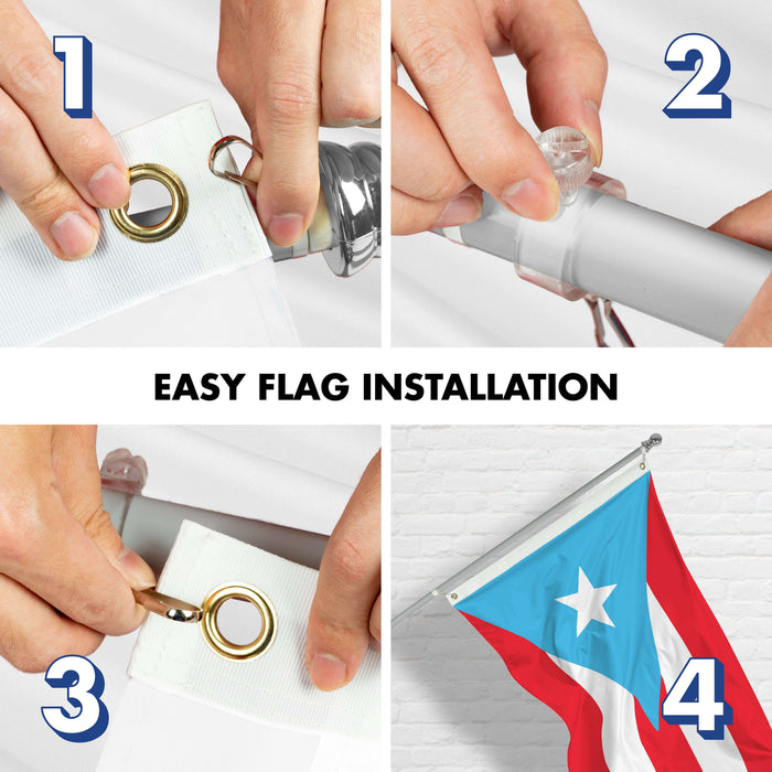 G128 Combo Pack: 5 Ft Twist Free Aluminum Spinning Flagpole (Silver) & Puerto Rico Light Blue PR Flag | 2x3 Ft | LiteWeave Pro Series Printed 150D Polyester | Pole with Flag Included