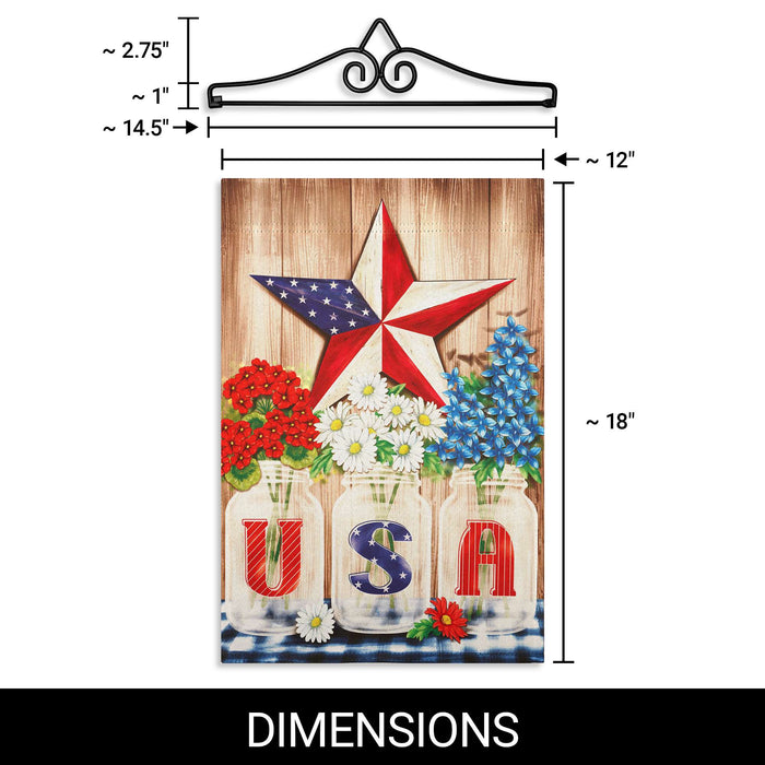 G128 Combo Pack Garden Flag Hanger 14IN & Garden Flag USA Star Flowers Printed 12x18IN Double Sided