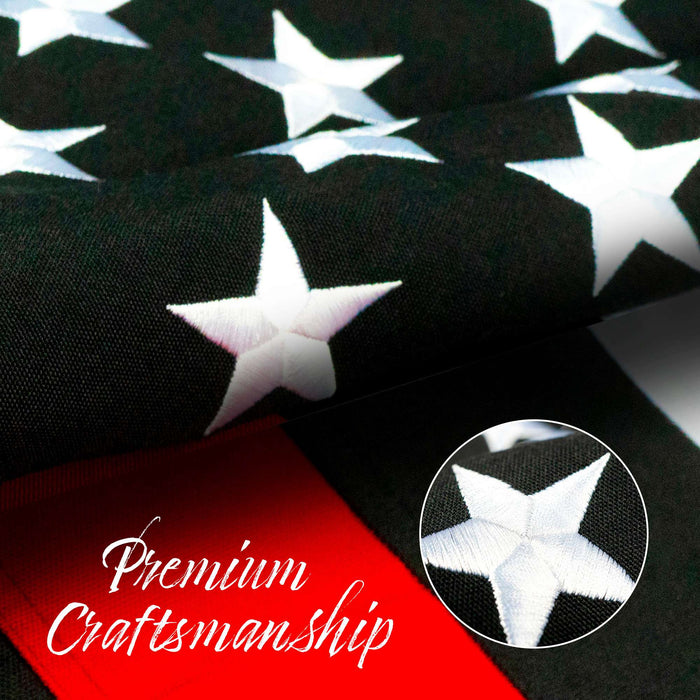 G128 - Thin Red Line Flag Embroidered 2.5x4 FT Heavy Duty 220GSM Tough Spun Polyester U.S. American Flag Brass Grommets Honoring Fire Fighters and EMTs Black White and Red US Flag