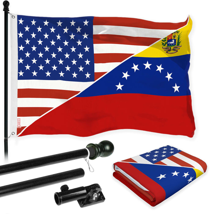 G128 Combo Pack: 6 Ft Twist Free Aluminum Spinning Flagpole (Black) & Venezuela 7 Stars USA Friendship Flag | 3x5 Ft | LiteWeave Pro Series Printed 150D Polyester | Pole with Flag Included