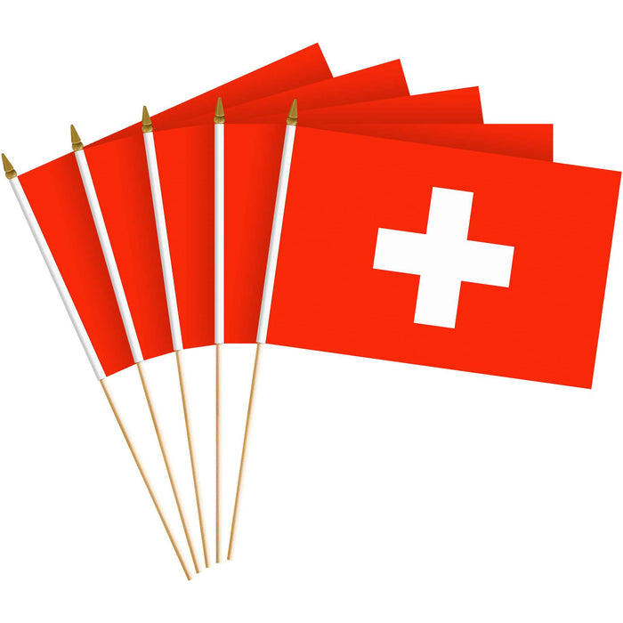 G128 10 Pack Handheld Switzerland Swiss Stick Flags | 8x12 In | Printed 150D Polyester, Country Flag, Solid Plastic Stick, Spear White Tip
