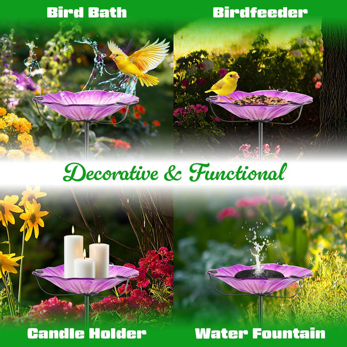 G128 29 Inch Height Glass Bird Baths with Metal Stake | Decorative Purple Flower Design Outdoor Garden Bird Feeder