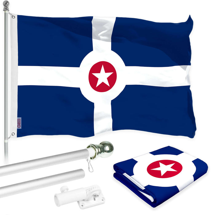 G128 Combo Pack: 6 Ft Twist Free Aluminum Spinning Flagpole (Silver) & Indianapolis Flag | 3x5 Ft | LiteWeave Pro Series Printed 150D Polyester | Pole with Flag Included