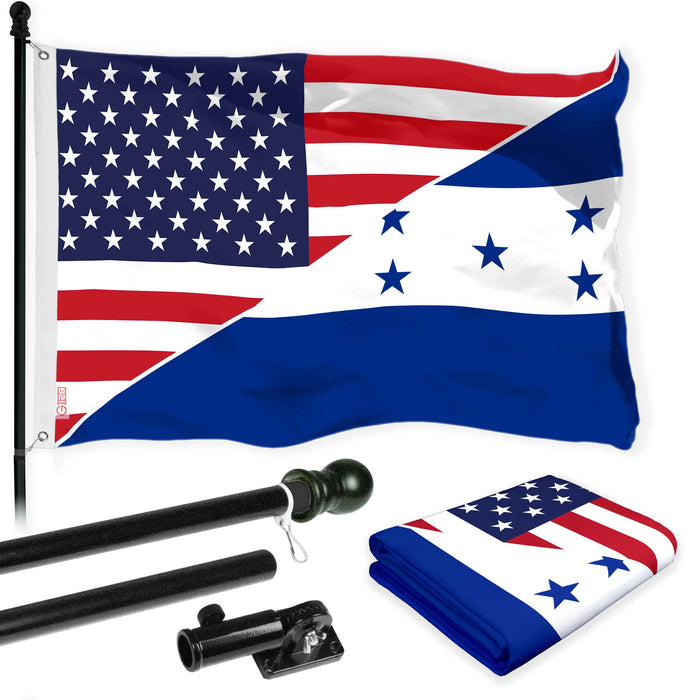 G128 Combo Pack: 6 Ft Tangle Free Aluminum Spinning Flagpole (Black) & Honduras USA Friendship Flag | 3x5 Ft |LiteWeave Pro Series Printed 150D Polyester | Pole with Flag Included