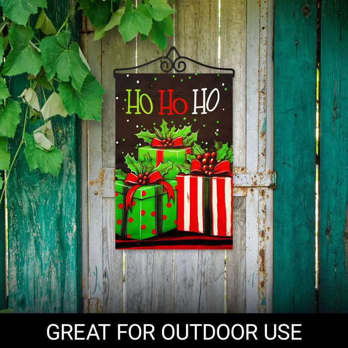 G128 12x18IN Ho Ho Ho Christmas Gift Box Garden Flag with 14IN Hanger
