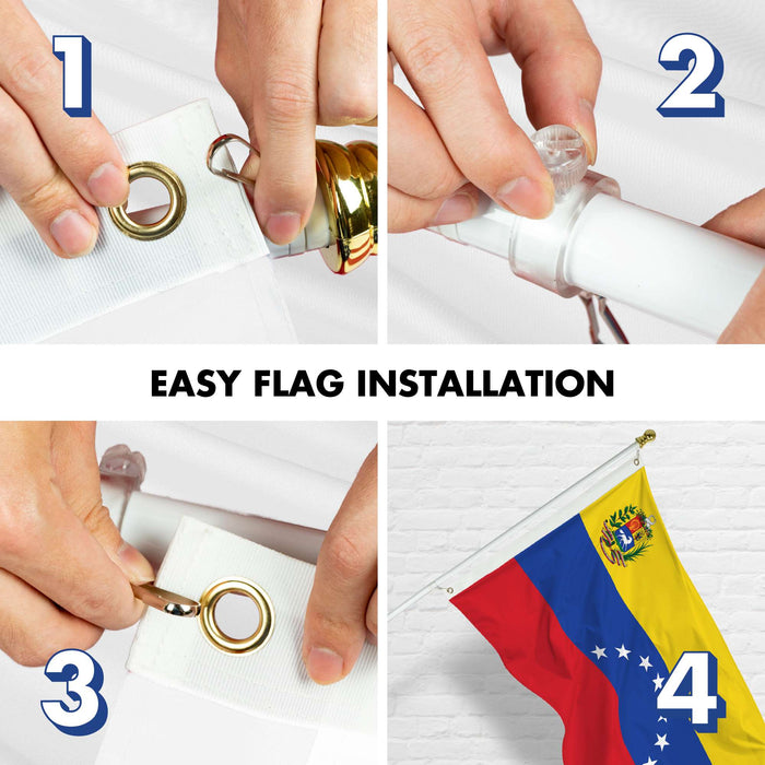 G128 Combo Pack: 6 Ft Twist Free Aluminum Spinning Flagpole (White) & Venezuela 7 Stars Flag | 3x5 Ft | LiteWeave Pro Series Printed 150D Polyester | Pole with Flag Included