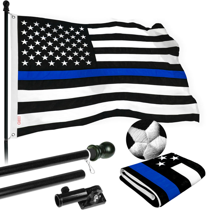 G128 - 5 Feet Tangle Free Spinning Flagpole (Black) Thin Blue Line Flag Brass Grommets Spun Polyester 2x3 ft (Flag Included) Aluminum Flag Pole