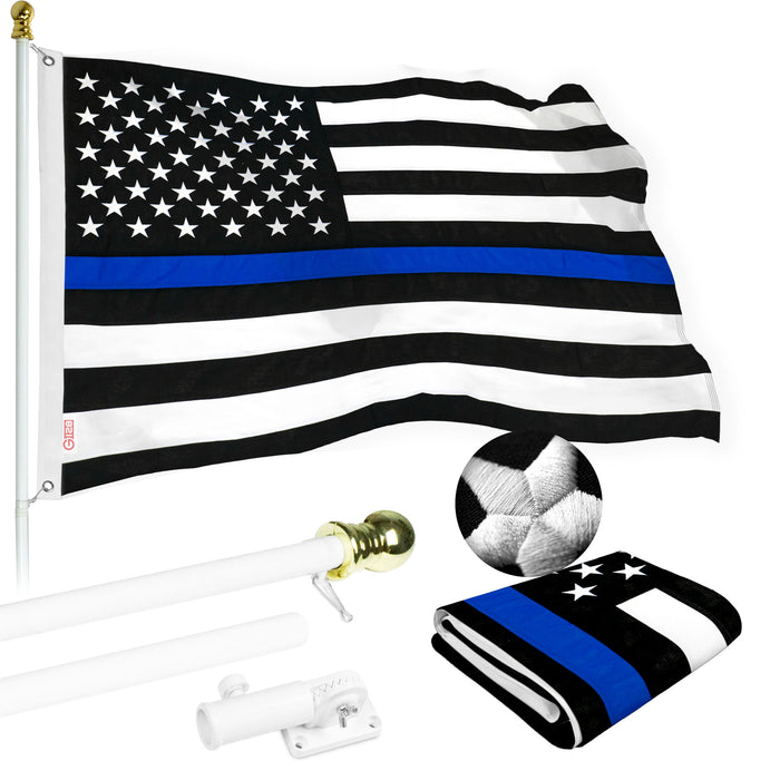 G128 - 5 Feet Tangle Free Spinning Flagpole (White) Thin Blue Line Flag Brass Grommets Spun Polyester 2x3 ft (Flag Included) Aluminum Flag Pole