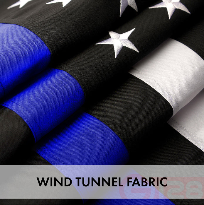 G128 - Thin Blue Line Flag 4x6 FT Embroidered Heavy Duty 220GSM Tough Spun Polyester U.S. American Flag Brass Grommets Honoring Men and Women of Law Enforcement Black White and Blue US Flag