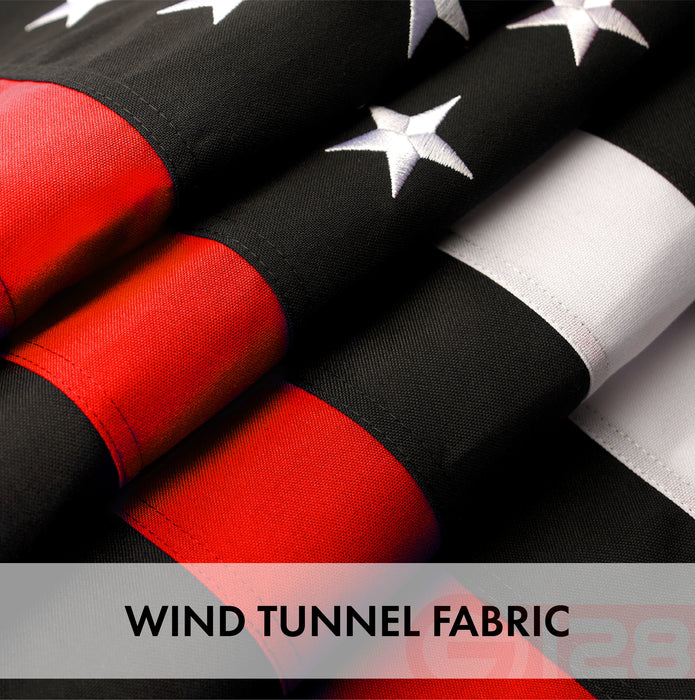 G128 - Thin Red Line Flag Embroidered 2x3 FT Heavy Duty 220GSM Tough Spun Polyester U.S. American Flag Brass Grommets Honoring Fire Fighters and EMTs Black White and Red US Flag