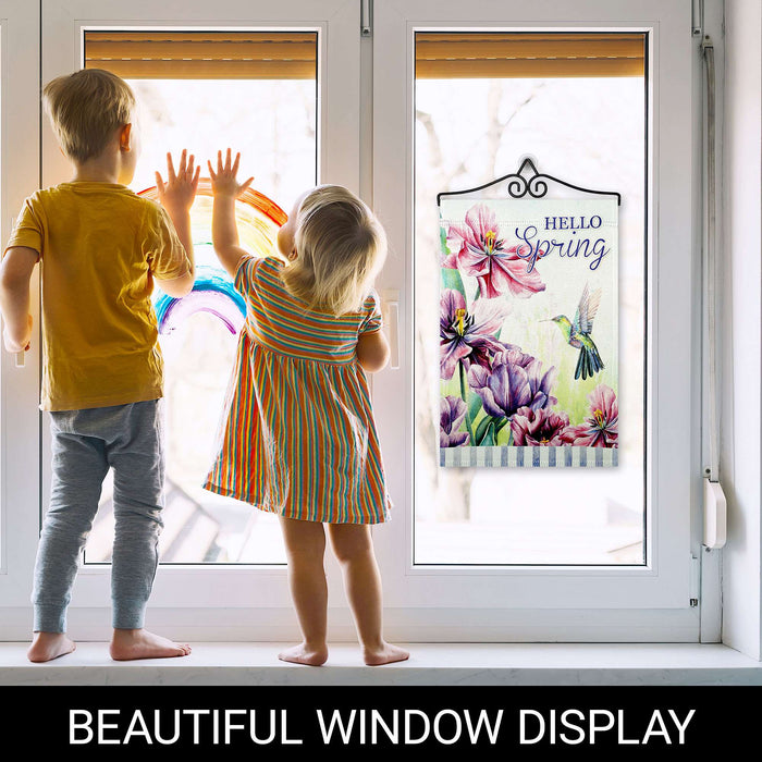 G128 Combo Pack Garden Flag Hanger 14IN & Garden Flag Hello Spring Hummingbird Flowers Printed 12x18IN Double Sided