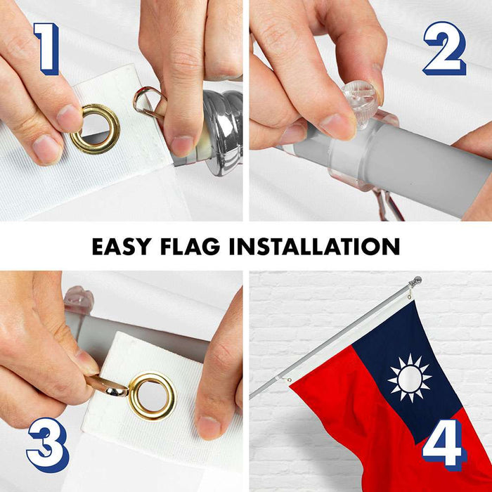 G128 Combo Pack: 5 Ft Twist Free Aluminum Spinning Flagpole (Silver) & Taiwan Taiwanese Flag | 2x3 Ft | LiteWeave Series Printed 100D Polyester | Pole with Flag Included