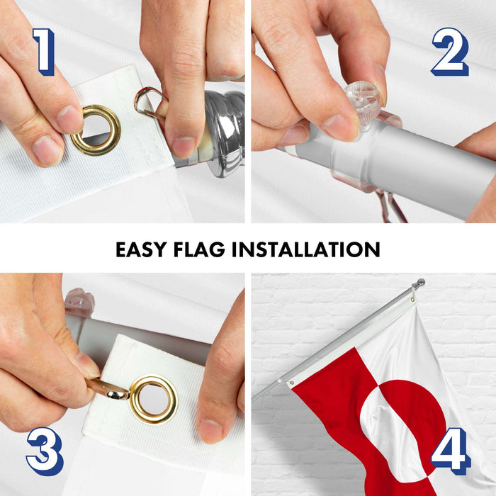 G128 Combo Pack: 6 Ft Twist Free Aluminum Spinning Flagpole (Silver) & Greenland Flag | 3x5 Ft | LiteWeave Pro Series Printed 150D Polyester | Pole with Flag Included