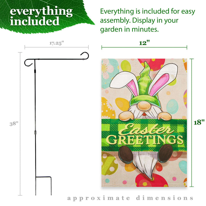G128 Combo Pack: Garden Flag Stand 36x16IN & Garden Flag Happy Easter Gnome Greetings Printed 12x18IN Double Sided