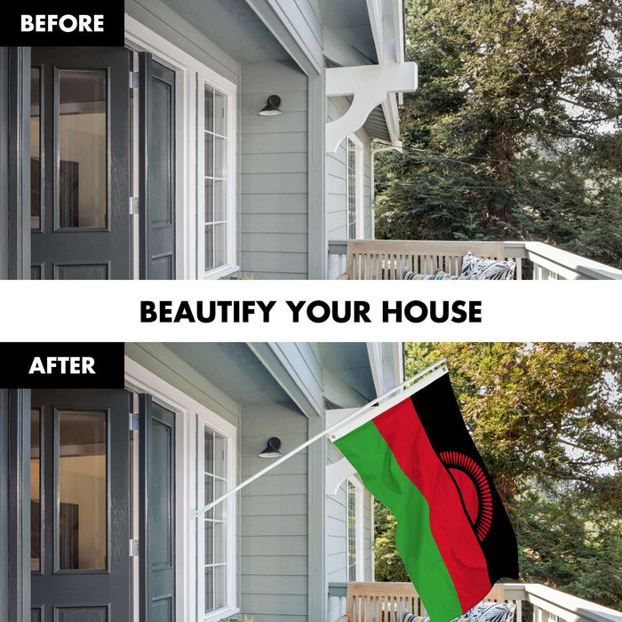G128 Combo Pack: 6 Ft Twist Free Aluminum Spinning Flagpole (White) & Malawi Flag | 3x5 Ft | LiteWeave Pro Series Printed 150D Polyester | Pole with Flag Included