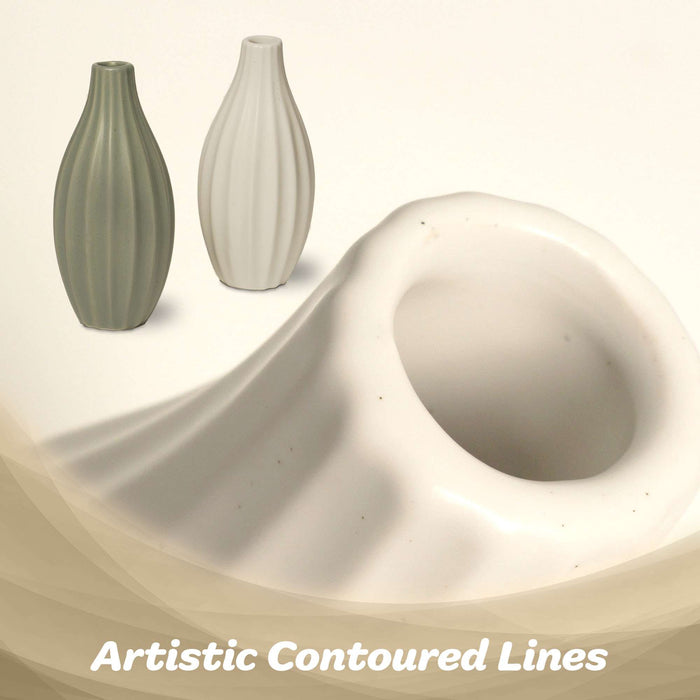 G128 2 Pcs 7.75 In Tall Modern Ceramic Vase Set Decorative Ribbed Vases Olive Green and Cream Elegant Home Decoration for Living Room Bedroom Office or Bathroom