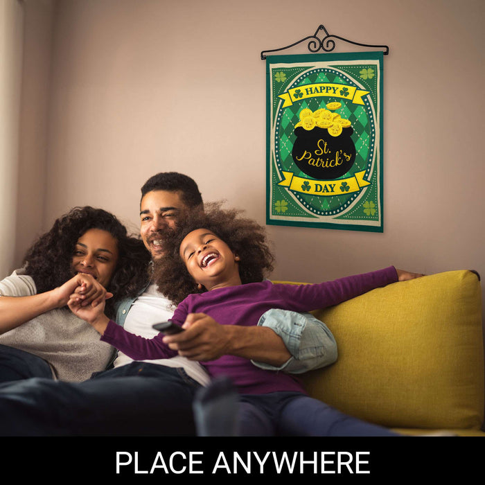 G128 Combo Pack Garden Flag Hanger 14IN & Garden Flag Happy St. Patrick's Day Pot Gold Printed 12x18IN Double Sided