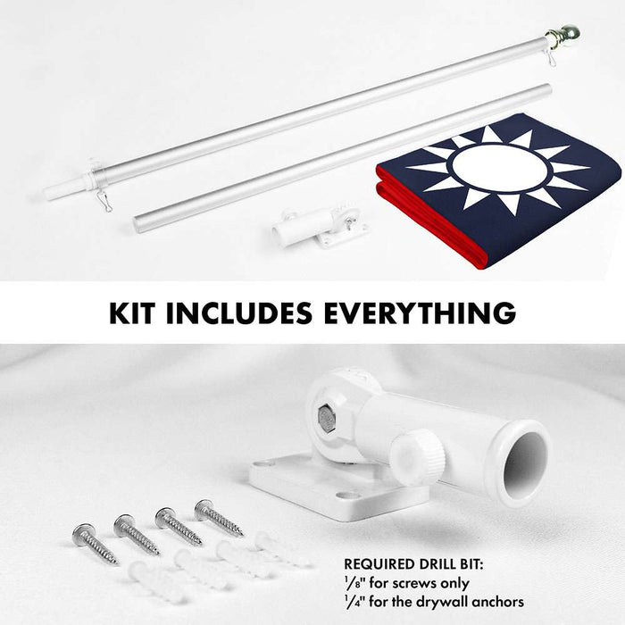 G128 Combo Pack: 5 Ft Twist Free Aluminum Spinning Flagpole (Silver) & Taiwan Taiwanese Flag | 2x3 Ft | LiteWeave Series Printed 100D Polyester | Pole with Flag Included