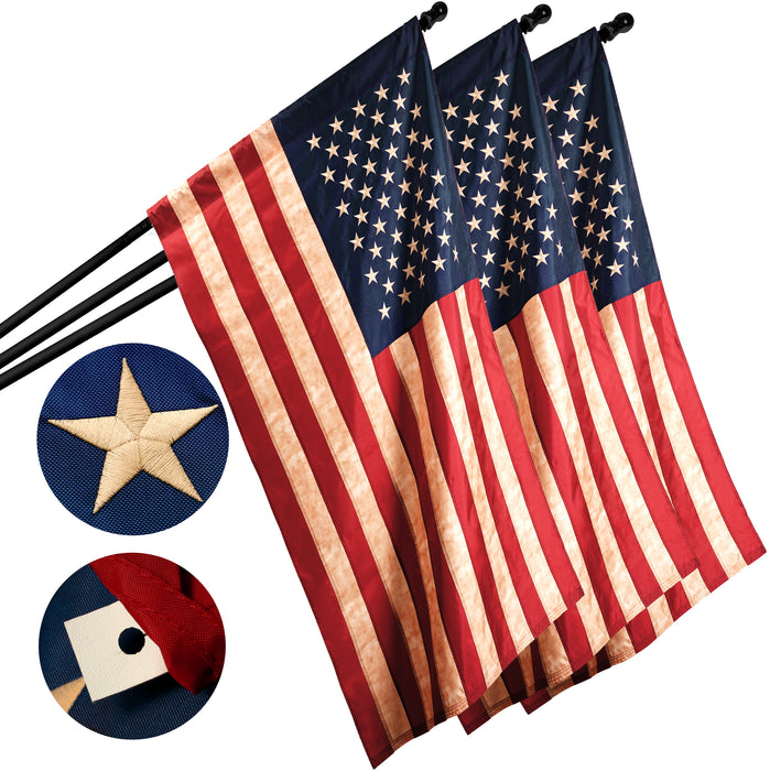 G128 3 Pack: American USA Tea-Stained Flag | 2.5x4 Ft | ToughWeave Pro Series Pole Sleeve Embroidered 420D Polyester | Embroidered Stars