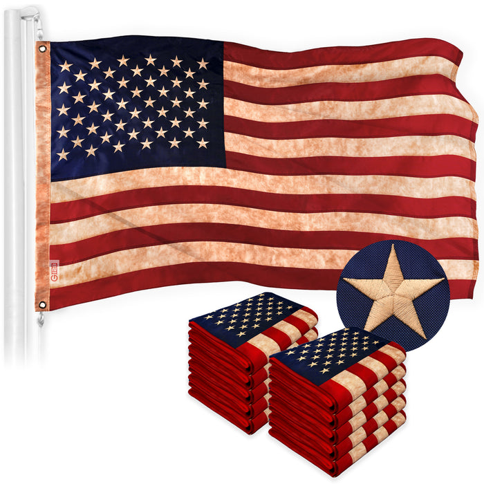 G128 10 Pack: American USA Tea-Stained Flag | 3x5 Ft | ToughWeave Pro Series Embroidered 420D Polyester | Embroidered Stars