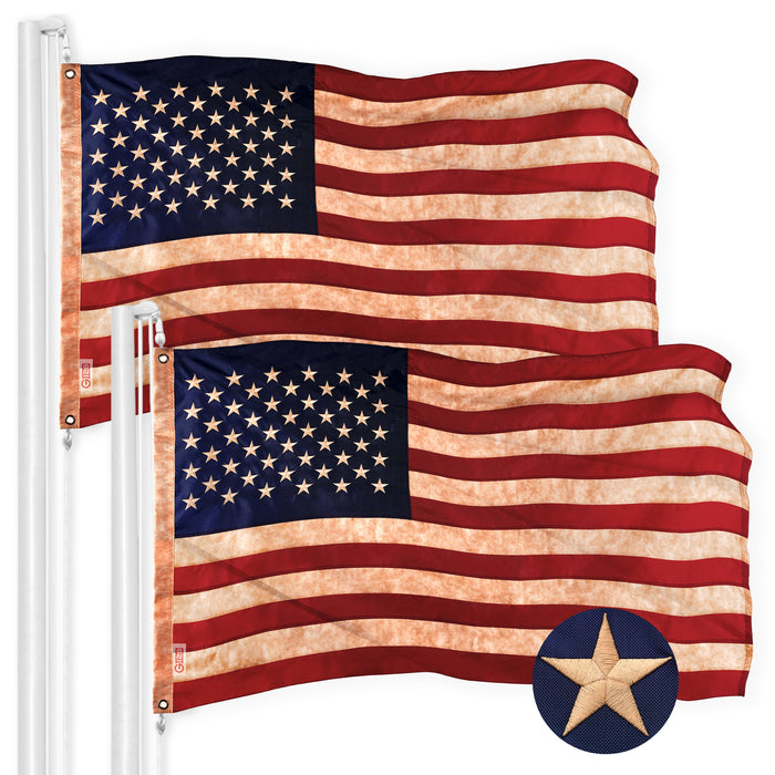 G128 2 Pack: American USA Tea-Stained Flag | 6x10 Ft | ToughWeave Pro Series Embroidered 420D Polyester | Embroidered Stars