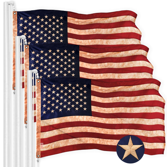 G128 3 Pack: American USA Tea-Stained Flag | 5x8 Ft | ToughWeave Pro Series Embroidered 420D Polyester | Embroidered Stars