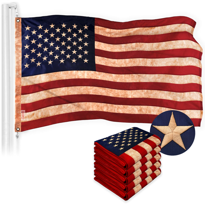 G128 5 Pack: American USA Tea-Stained Flag | 6x10 Ft | ToughWeave Pro Series Embroidered 420D Polyester | Embroidered Stars