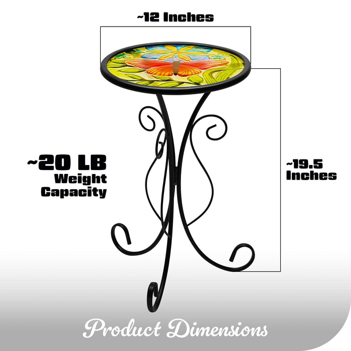 G128 12 in Round Glass Outdoor Side Table Butterfly Pattern | Decorative Plant Stand, Small End Table for Garden Patio Porch Living Room