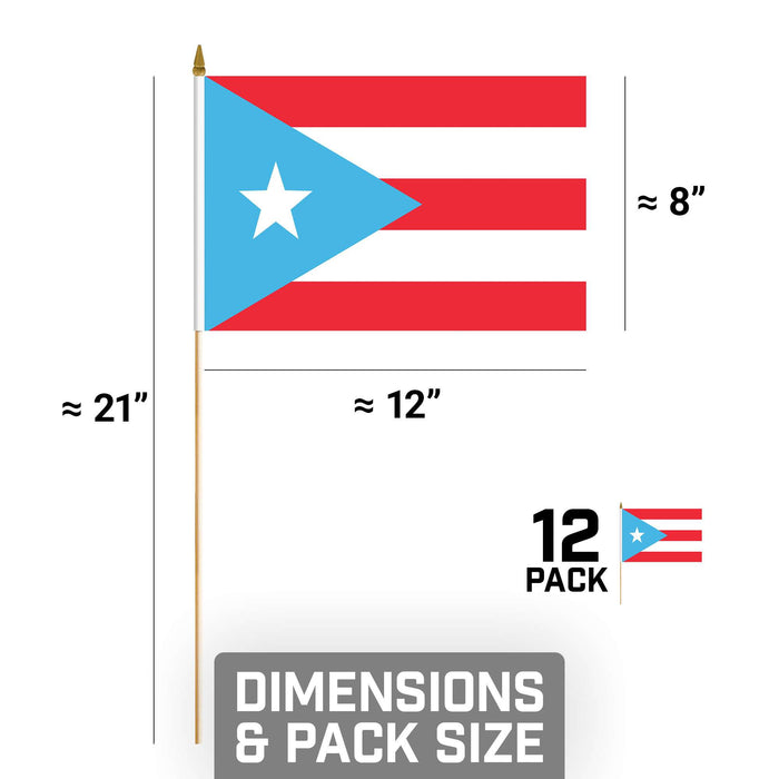 G128 Puerto Rico Light Blue Handheld Stick Flag 8"x12" (12 Pack) | Printed 150D Polyester, Solid Plastic Stick, Spear White Tip