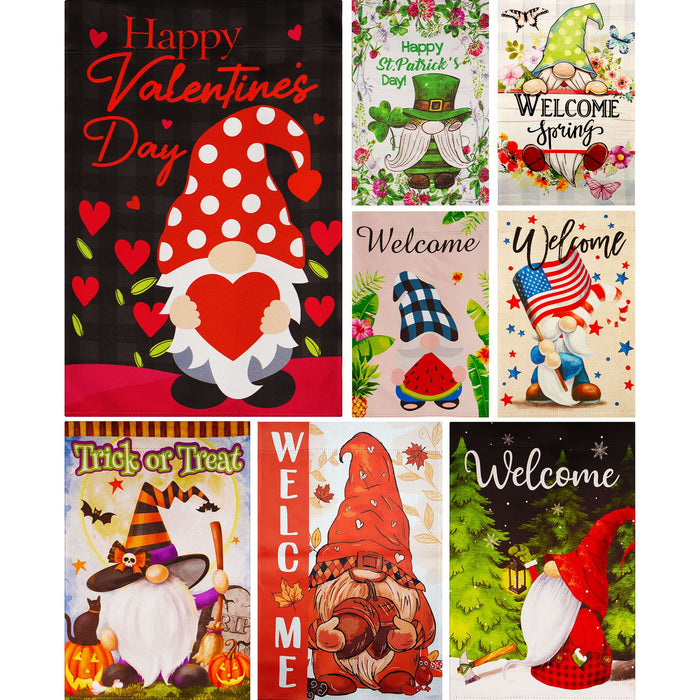 G128 set of 8 gnomes with heart and watermelon garden flags, 12x18 inch