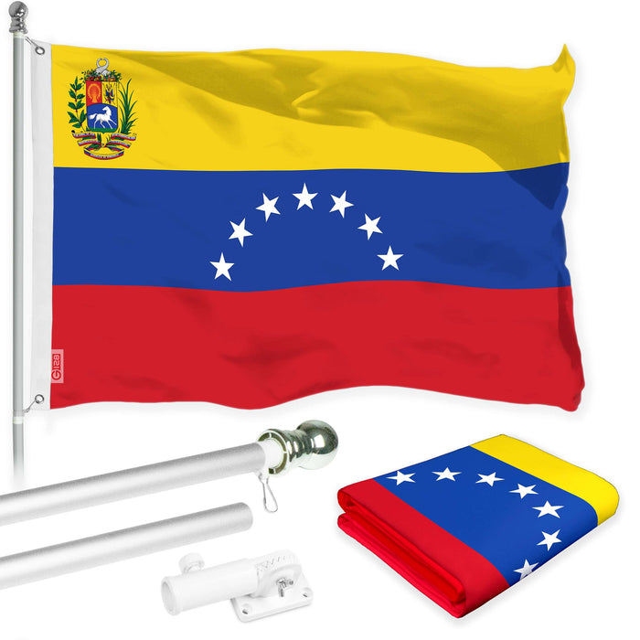 G128 Combo Pack: 6 Ft Twist Free Aluminum Spinning Flagpole (Silver) & Venezuela 7 Stars Flag | 3x5 Ft | LiteWeave Pro Series Printed 150D Polyester | Pole with Flag Included