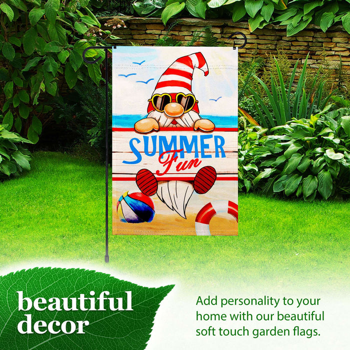 G128 Combo Pack: Garden Flag Stand 36x16IN & Garden Flag Summer Fun Gnome Printed 12x18IN Double Sided