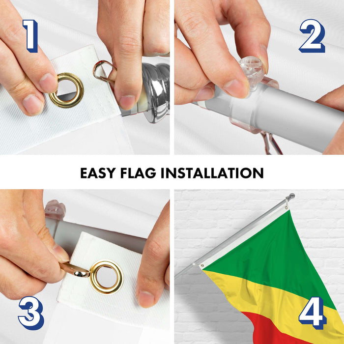 G128 Combo Pack: 6 Ft Twist Free Aluminum Spinning Flagpole (Silver) & Republic of the Congo Flag | 3x5 Ft | LiteWeave Pro Series Printed 150D Polyester | Pole with Flag Included