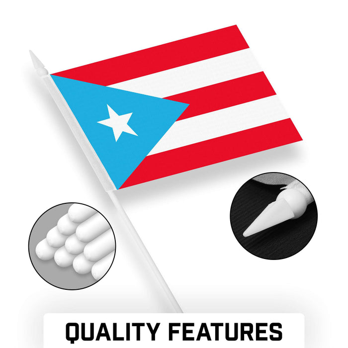 G128 Puerto Rico Light Blue Handheld Stick Flag 4"x6" (12 Pack) | Printed 150D Polyester, Solid Plastic Stick, Spear White Tip