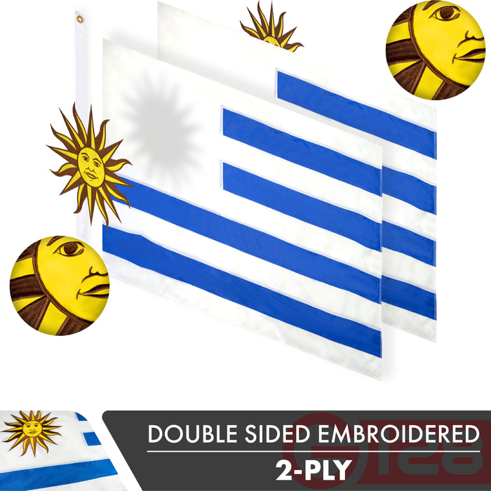 G128 Uruguay (Uruguayan) Flag | 3x5 feet | Double Sided Embroidered 210D Indoor/Outdoor, Brass Grommets, Heavy Duty Polyester