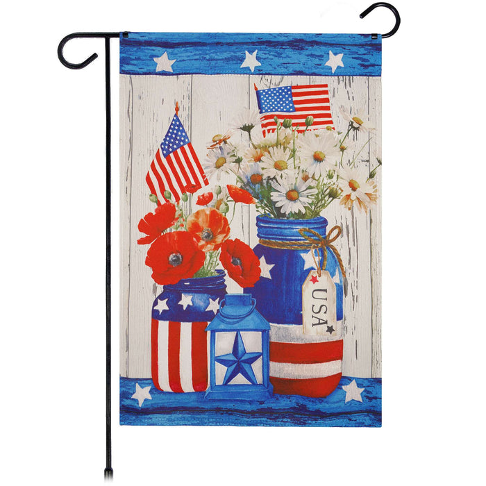 G128 Rustic Mason Jar Patriotic Flowers Garden Flag 12x18 In Double Sided Independence Day Yard Garden Lawn Decoration