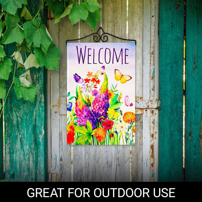 G128 Combo Pack Garden Flag Hanger 14IN & Garden Flag Spring Floral Butterfly Welcome Printed 12x18IN Double Sided Yard Garden Lawn Decoration