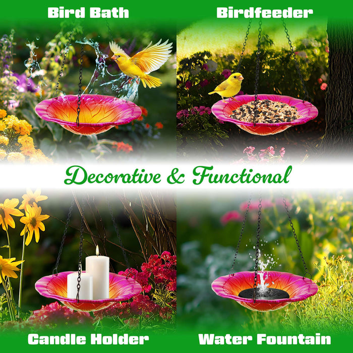 G128 Hanging Glass Bird Bath Outdoor Bird Feeder 8-inch for Garden Decoration Pink Flower Design