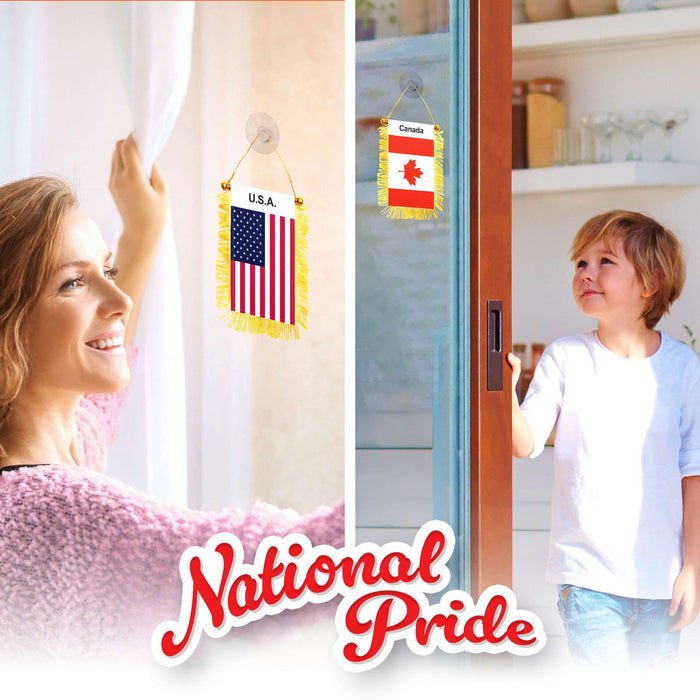 G128 Combo Pack: American USA & Canada Canadian Fringy Flag Double Sided 3x5 In | Both Fringy Hanging Flag with Suction Cup