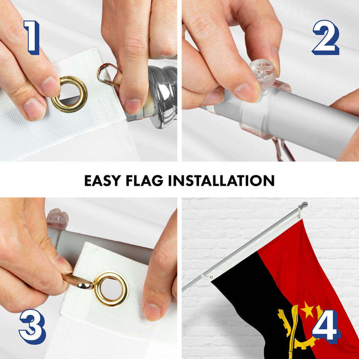 G128 Combo Pack: 6 Ft Twist Free Aluminum Spinning Flagpole (Silver) & Angola Flag | 3x5 Ft | LiteWeave Pro Series Printed 150D Polyester | Pole with Flag Included