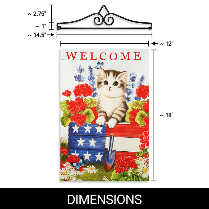 G128 Combo Pack Garden Flag Hanger 14IN & Garden Flag Welcome Kitten Patriotic Printed 12x18IN Double Sided