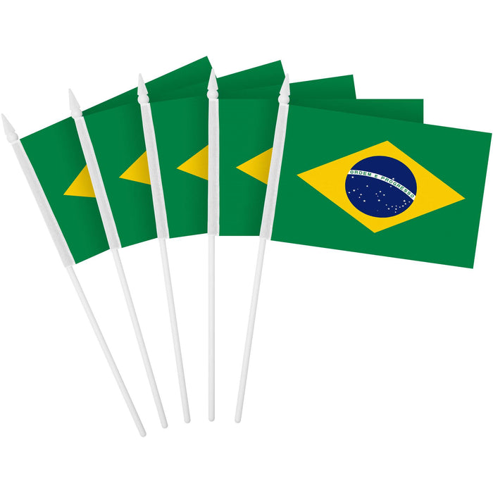 G128 10 Pack Handheld Brazil Brazilian Stick Flags | 4x6 In | Printed 150D Polyester, Country Flag, Solid Plastic Stick, Spear White Tip