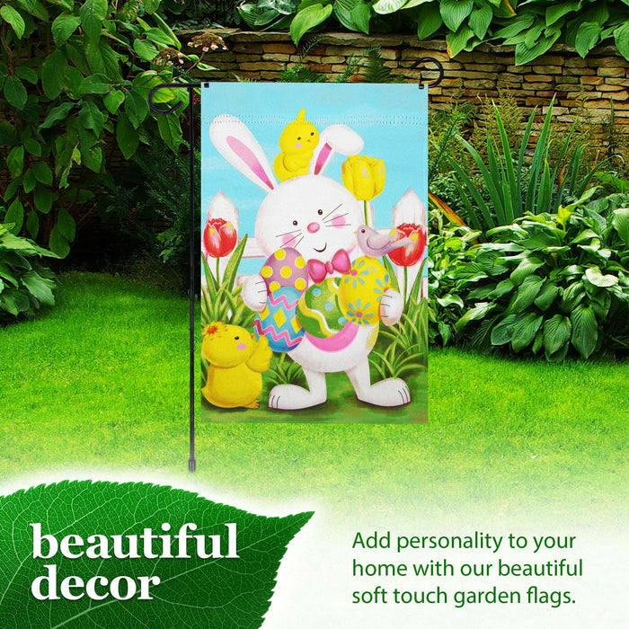 G128 Combo Pack: Garden Flag Stand 36x16IN & Garden Flag Happy Easter White Bunny with Easter Eggs Printed 12x18IN Double Sided