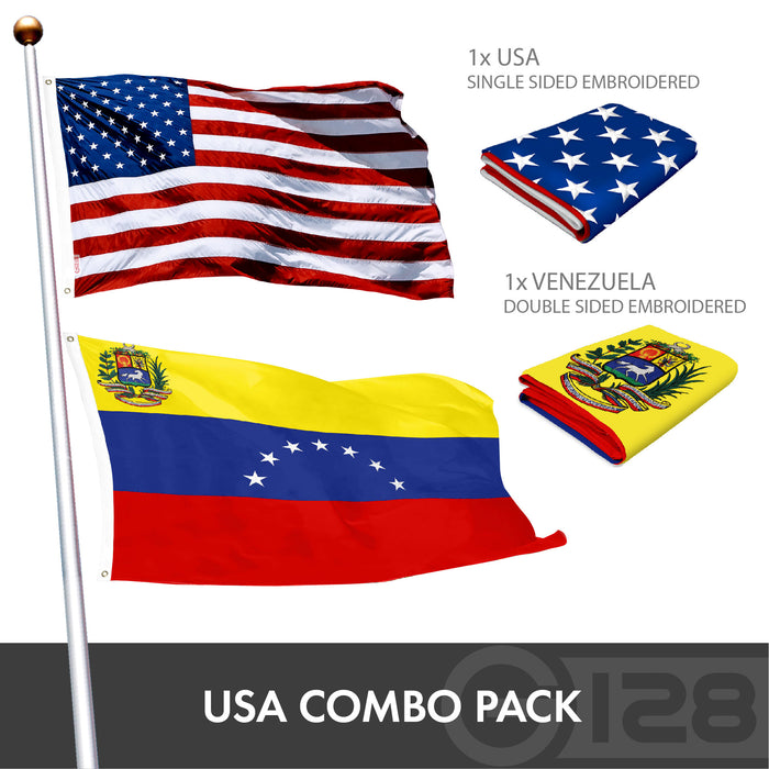 G128 Combo Pack: American USA Flag ToughWeave Series 3x5 Ft Single Sided & Venezuela 7 Stars Venezuelan Flag Double Sided 3x5 Ft Double ToughWeave Series | Both Embroidered Polyester, Brass Grommets