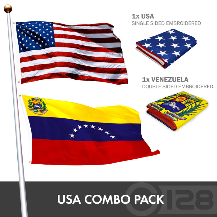 G128 Combo Pack: USA American Flag 3x5 Ft Embroidered Stars & Venezuela (Venezuelan) Flag 3x5 Ft Double-sided Embroidered 210D