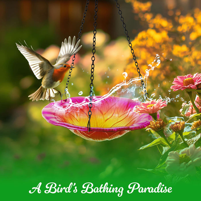 G128 Hanging Glass Bird Bath Outdoor Bird Feeder 8-inch for Garden Decoration Pink Flower Design
