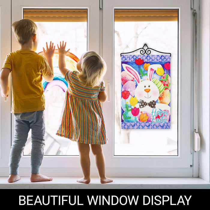 G128 Combo Pack Garden Flag Hanger 14IN & Garden Flag Happy Easter Bunny Tulips Printed 12x18IN Double Sided Yard Garden Lawn Decoration
