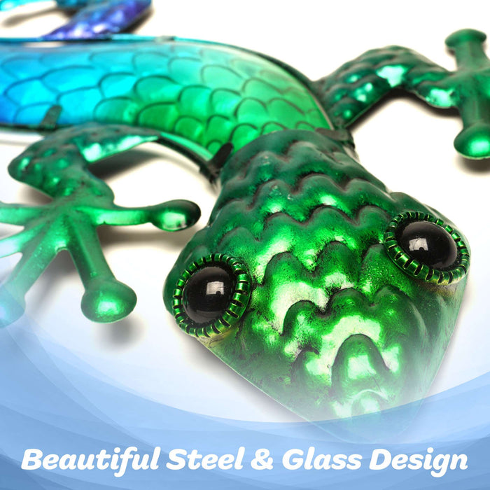 G128 Lizard Gecko Metal Wall Art Set | Green Blue Gecko Lizard Metal Indoor Outdoor Wall Art Hanging Decor for Bedroom, Living Room, Garden, Patio