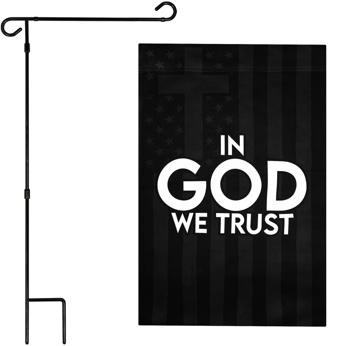 G128 Combo Pack Garden Flag Stand Black 36x16IN & Garden Flag In God We Trust Patriotic Printed 12x18IN Double Sided Yard Garden Lawn Decoration
