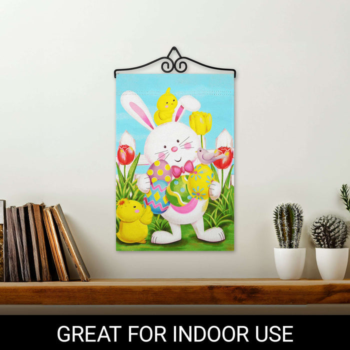 G128 Combo Pack Garden Flag Hanger 14IN & Garden Flag Happy Easter White Bunny with Easter Eggs Printed 12x18IN Double Sided